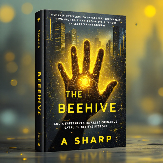 standing book mockup, Its title is " The Beehive". Its author name is A Sharp.  The cover features a hand with an embedded device, cracked and glowing faintly in yellow. The honeycomb pattern is subtly incorporated into the background, creating a sense of urgency and tension. The cityscape is divided with yellow and gray tones representing the overcrowded zones, while faint light blue elements suggest a utopian elite area. Enforcers with chips in their hands loom in the distance, connecting them to the honeycomb motif and the shattered Beehive system. A countdown in a bold yellow font is integrated, along with satellite grenades scattered throughout the design. The title "The Beehive" is displayed in a bold, futuristic font, emphasizing the rebellion and desperation themes of the book. The author's name, A Sharp, is presented in a clean, modern font that complements the overall design., The hand with the embedded device is positioned in the center of the cover, drawing attention and creating a focal point. The cityscape is shown in the background, spanning across the top and bottom of the cover, with enforcers and countdown numbers strategically placed to create a sense of movement and urgency.