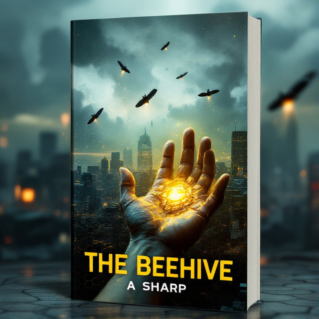 A divided cityscape of a dystopian world with a honeycomb pattern overlay. In the foreground, a close-up of a hand with a cracked embedded device glowing faintly in yellow. Satellite grenades hang ominously in the sky.