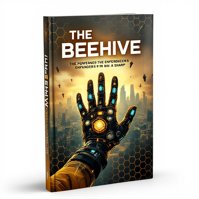 In the foreground, a close-up of a hand with an embedded device, cracked and malfunctioning. A honeycomb pattern overlays the background, connecting the city and the enforcers. A futuristic, divided cityscape fills the middle ground, with satellite grenades hanging ominously in the sky.