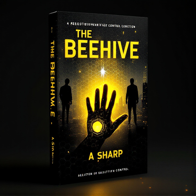 The cover features a close-up of a hand in the foreground, glowing with a bright yellow light from an embedded device. In the background, a dark, dystopian cityscape is overlaid with a honeycomb pattern, symbolizing control. Two shadowy figures stand ominously, casting long shadows. The contrast between the yellow light and the dark city skyline creates a sense of rebellion and desperation.