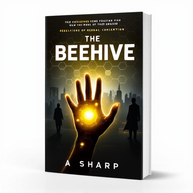 The cover presents a close-up of a hand at the forefront, glowing with a bright yellow light from an embedded device. In the background, a honeycomb pattern subtly overlays a dark, dystopian city, hinting at the Beehive system’s pervasive control. Two shadowy figures stand ominously, casting long shadows, and adding tension to the scene. The yellow light from the hand contrasts sharply with the dark city skyline, suggesting a rebellion against the controlling forces. The overall layout emphasizes the central rebellion theme while maintaining a sense of mystery.