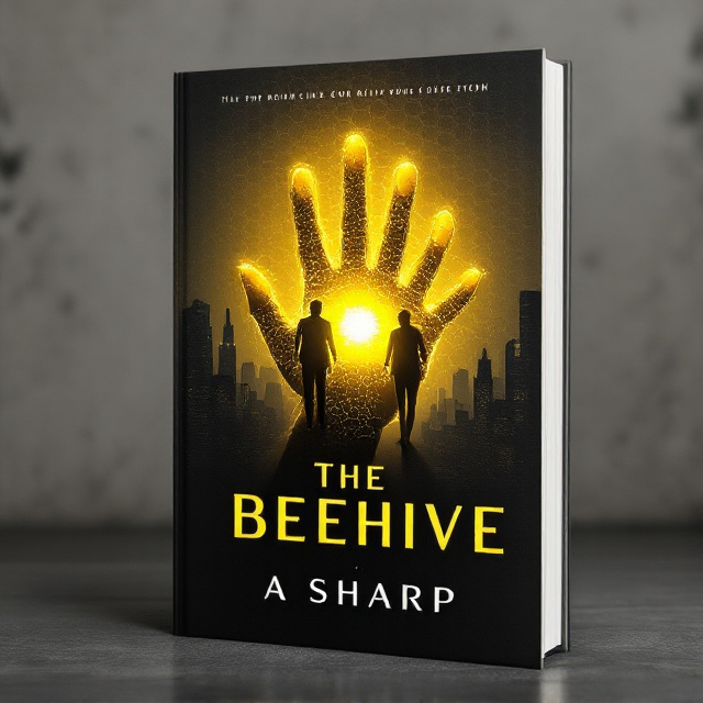 The cover presents a close-up of a hand at the forefront, glowing with a bright yellow light from an embedded device. In the background, a honeycomb pattern subtly overlays a dark, dystopian city, hinting at the Beehive system’s pervasive control. Two shadowy figures stand ominously, casting long shadows, and adding tension to the scene. The yellow light from the hand contrasts sharply with the dark city skyline, suggesting a rebellion against the controlling forces. The overall layout emphasizes the central rebellion theme while maintaining a sense of mystery.