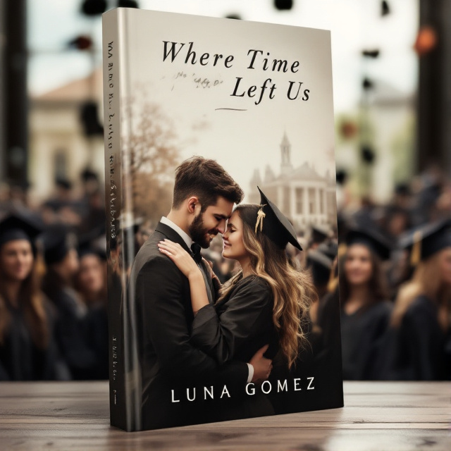 The cover features a photograph of a couple in a tender embrace, with the focus on their faces. The background is a graduation ceremony, with graduates in caps and gowns and a university building in the distance. The overall tone is nostalgic and romantic, with a hint of drama.