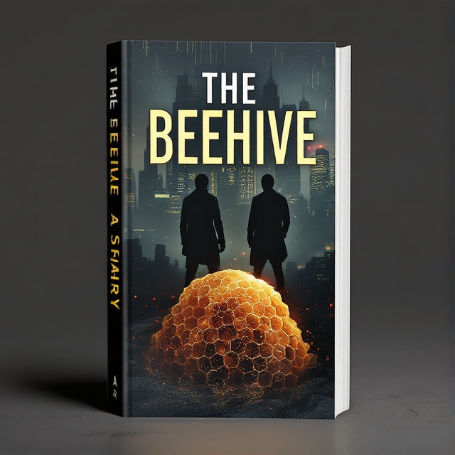 The cover features a close-up image of a honeycomb in the foreground, with two shadowy figures standing in the background against a backdrop of a cityscape. The honeycomb is highlighted with a sinister red glow, and there is a subtle technological overlay on the cityscape, hinting at the thriller aspect of the book.