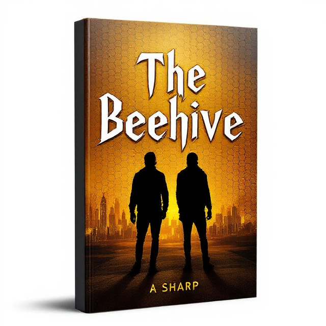 The cover features a honeycomb pattern as the background, with two shadowy figures standing in front of it. In the distance, a futuristic cityscape is visible, showcasing advanced technology.