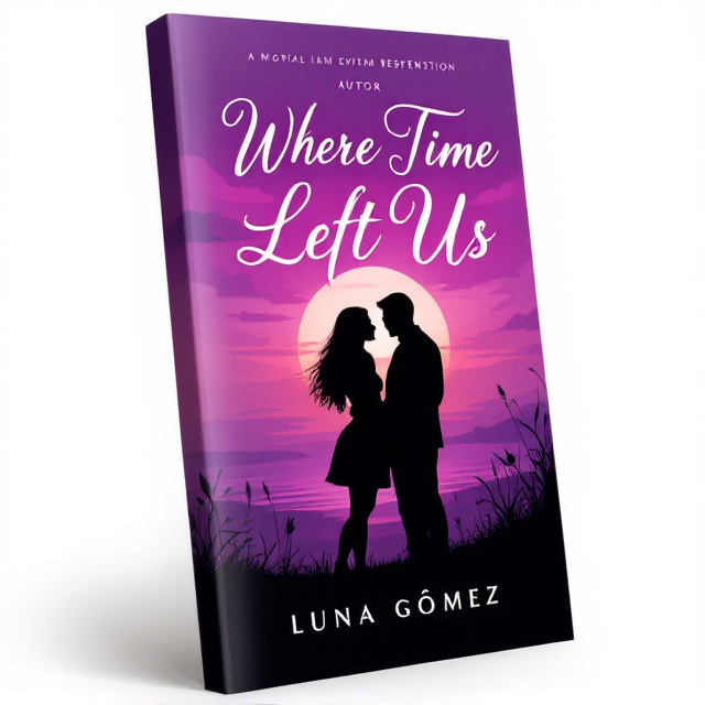 The cover features a beautiful purple sunset as the background, with two silhouettes standing close to each other, symbolizing love and romance. The sunset creates a warm, dramatic atmosphere, evoking the emotions of the story. The silhouettes are in black and slightly transparent, representing the mystery and depth of the characters' relationship.