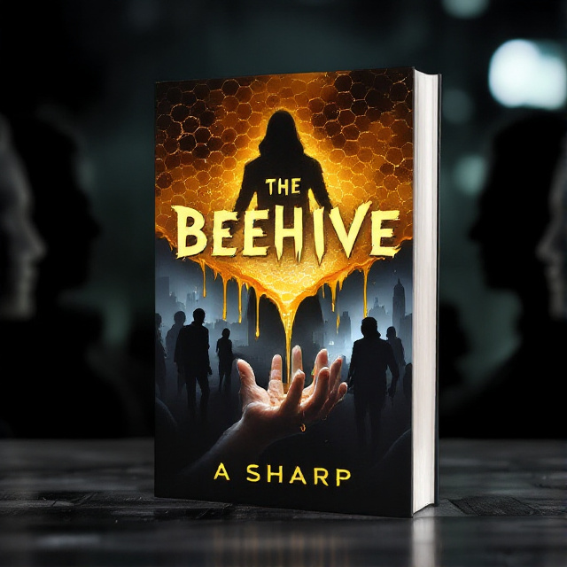 The cover features a close-up image of a honeycomb, with dark shadows in the background representing a city at night. In the center of the honeycomb, there is a hand holding a dripping honeycomb, with the honey forming the shape of a menacing shadowy figure. Surrounding the honeycomb, there are silhouettes of people, their features obscured by shadows.