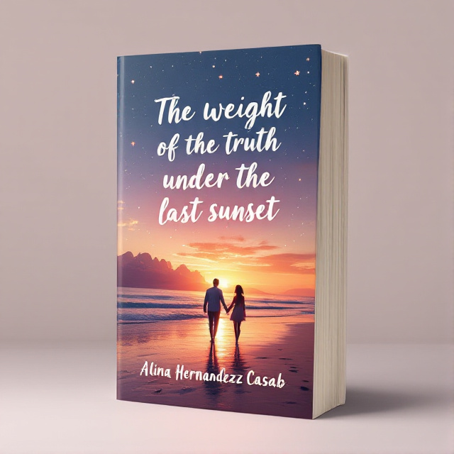 The cover depicts a beautiful beach scene during sunset. In the foreground, a couple is walking hand in hand along the shoreline, with the orange and pink hues of the setting sun reflecting on the water. The sky is filled with scattered stars, creating a dreamy atmosphere.