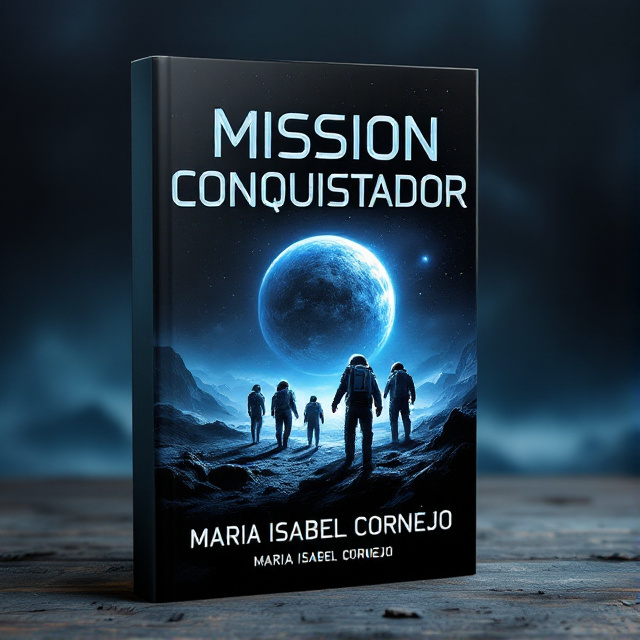 standing book mockup, Its title is "Mission Conquistador". Its author name is María Isabel Cornejo.  The cover features a dark and eerie space scene with a group of astronauts exploring an unknown planet. The planet is depicted with a sinister atmosphere and a sense of danger. The astronauts are shown in a state of fear and trepidation, highlighting the emotional theme of the book. The title "Mission Conquistador" is displayed in bold and futuristic font, giving a sense of adventure and excitement. The author's name "María Isabel Cornejo" is placed below the title in a sleek and modern font., The title and author name are positioned at the top and bottom of the cover respectively, allowing the focus to be on the central image of the astronauts. The central image is given prominence to grab attention.
