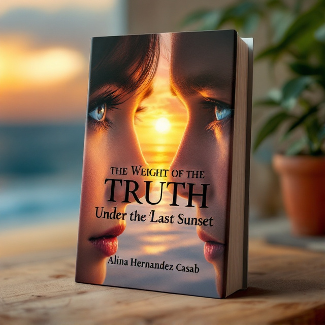 The cover features a close-up of a girl's and boy's eyes looking intensely at each other. The girl's eye is on the left side, representing the weight of the truth, while the boy's eye is on the right side, symbolizing the last sunset. The background shows a beach with a vibrant sunset, creating a warm and romantic atmosphere.