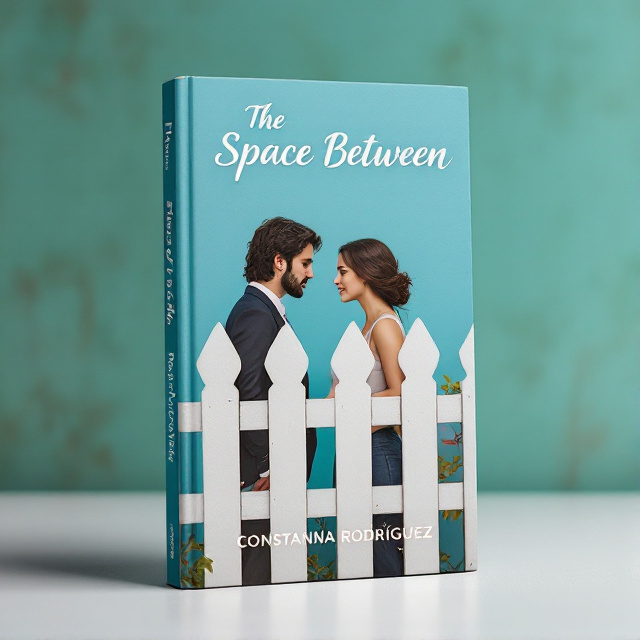 The cover features a close-up of two individuals standing on opposite sides of a white picket fence, symbolizing the "space between" them. The vibrant verdish blue background adds a touch of nostalgia and romance to the scene. The characters are depicted in a dramatic pose, with their faces turned away from each other, conveying the complexity of their relationship.