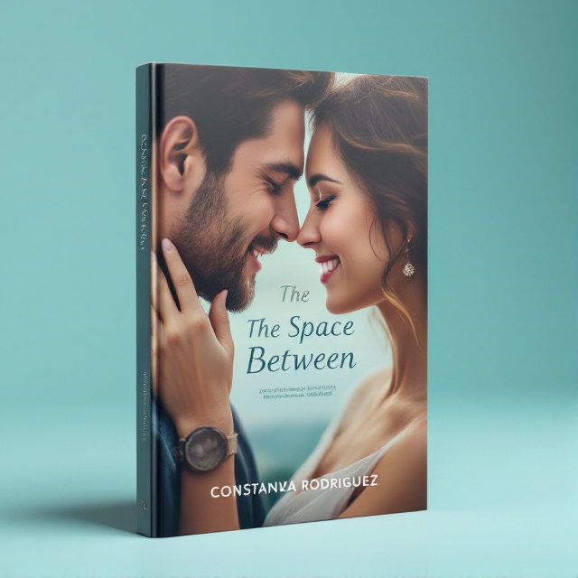 The cover features a close-up photo of a couple in love, their faces touching, against a soft aqua background. The image is slightly blurred, giving it a dreamy and romantic feel. The title "The Space Between" is placed in elegant cursive font, with the word "Between" curved around the couple, symbolizing their connection. The author's name, Constanza Rodríguez, is placed at the bottom in a clean and modern sans-serif font.