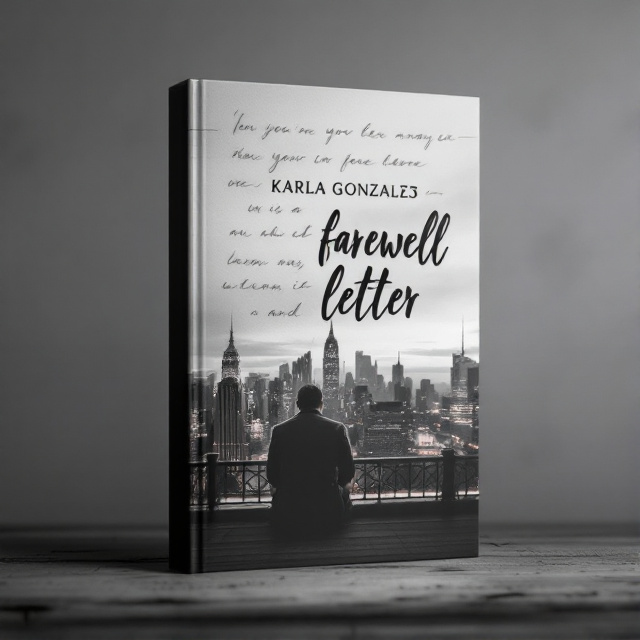 The cover features a close-up of a handwritten farewell letter on a gray background. The letter is partially blurred, portraying a sense of motion and uncertainty. A silhouette of a man in his 50s can be seen sitting on a bridge in New York City, with tears streaming down his face. The cityscape is dimly lit, reflecting the protagonist's inner turmoil and despair.