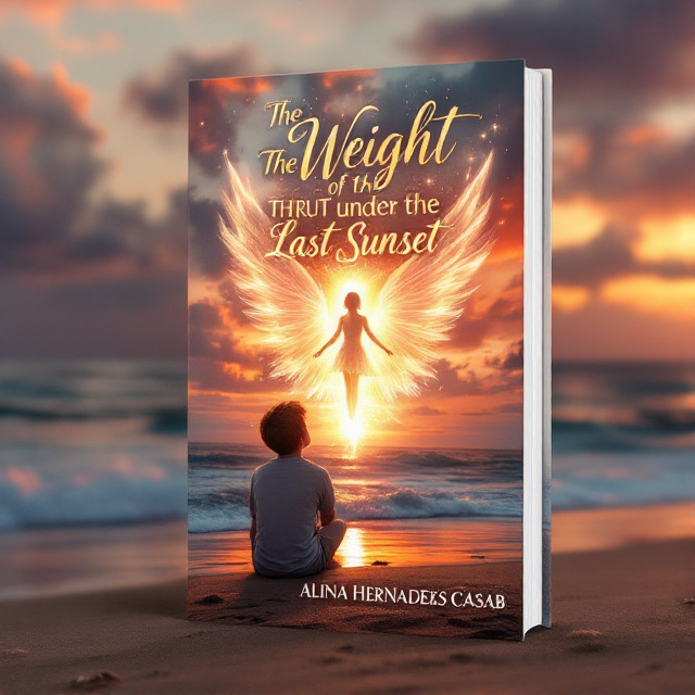 The cover features a beautiful sunset at the beach, with warm hues of orange and pink filling the sky. In the center of the cover, a girl's soul is depicted as a glowing figure, soaring through the air and reflecting in the ocean waves. A boy is shown sitting on the sandy shore, gazing up at the sky, with a mix of longing and hope in his eyes.