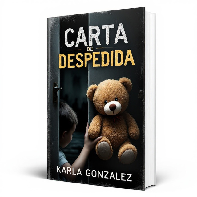 The cover features a close-up of a teddy bear, with a young child's hand holding it. In the background, there is a partially open dark door, revealing a dimly lit room with shadows of a violent scene. The child is shown from behind, looking towards the door with a mix of fear and disappointment on their face.