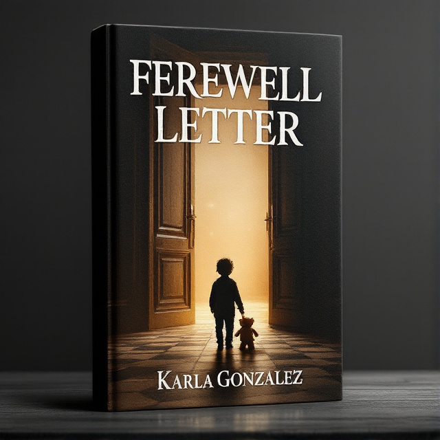 The cover features a dark and moody atmosphere. In the center, there is a small silhouette of a young child standing in front of a grand, open door. The child is holding a teddy bear, which is dragging on the ground. The door is illuminated by a warm, distant light, showcasing the luxurious interior.