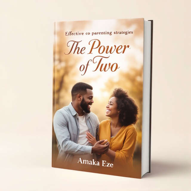 The cover features a joyful and peaceful scene with a father and mother engaged in conversation, symbolizing effective co-parenting. The colors are warm and inviting, creating a sense of calm and happiness.
