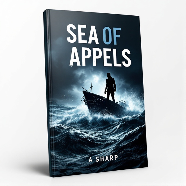 The cover features a dark and ominous sea with waves crashing against a ship. A silhouette of a person holding a gun is standing on the ship, creating a sense of danger and suspense. The title "Sea Of Appels" is placed prominently at the top, with the author's name "A Sharp" displayed at the bottom.