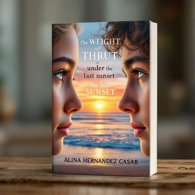 The cover features a close-up shot of a girl's eyes on the left side and a close-up shot of a boy's eyes on the right side, both looking directly at each other. The background showcases a picturesque beach scene with a vibrant sunset.