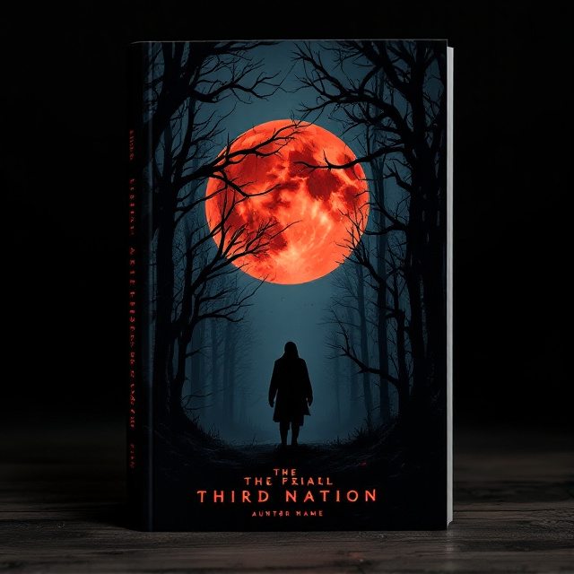 A dark and eerie forest at night, with tall trees and twisted branches. In the center, a full moon casts an ominous glow, illuminating a shadowy figure lurking in the background.