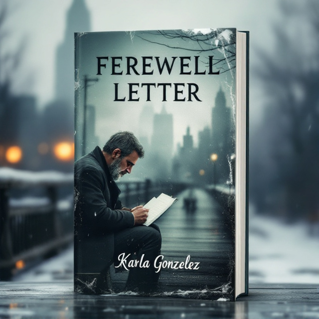 The cover features a somber scene of a 50-year-old man sitting on a bridge in New York, writing a farewell letter. The background is a cloudy and cold day, reflecting the character's emotions. The man is shown with tears streaming down his face, adding to the sense of tragedy and despair. The typography is placed at the top of the cover, with the book title "FEREWELL LETTER" in bold and dark font, evoking a sense of mystery and suspense.