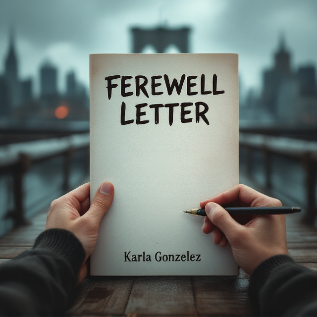 The cover features a hand holding a pen, writing a farewell letter on a sheet of paper. The background scene shows a lonely bridge in New York City, with a cold and cloudy atmosphere. The main character, a 50-year-old man, is sitting on the bridge, almost facing away from the viewer, expressing his sadness and despair. The overall tone is nostalgic and melancholic, with a hint of hope and love in the air.