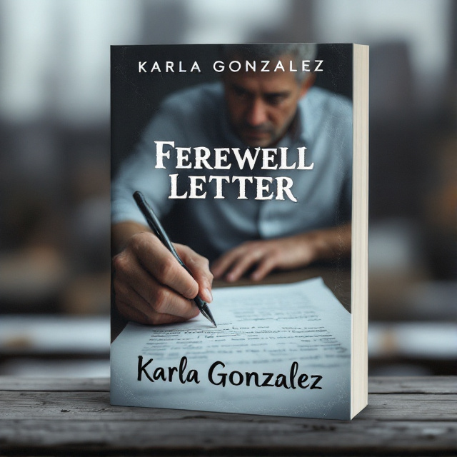 The cover features a close-up image of a hand writing a farewell letter on a piece of paper. The hand is depicted as trembling, showing the emotions of sadness and despair. In the background, a blurry image of a middle-aged man with tears in his eyes is sitting on a bridge in New York City, symbolizing his state of emotional turmoil. The overall mood of the cover is somber and reflective.