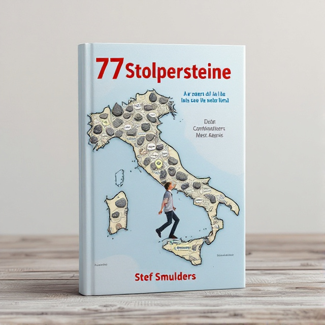 The cover features a person walking on top of a map of Italy, with the person stumbling on pieces of rock scattered across the map. Each rock is labeled with Italian words. The person is shown in a comical pose, emphasizing the humor aspect of the book.