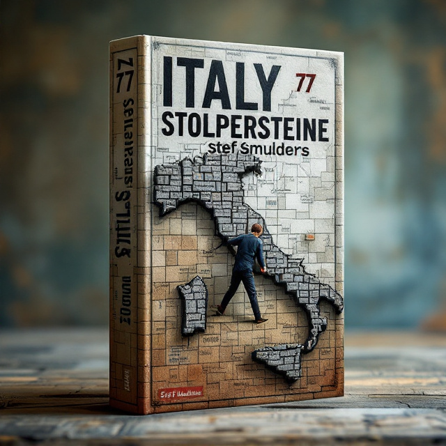 The cover features a map of Italy made up of blocks of different heights, symbolizing the challenges and obstacles faced by the protagonist. Each block is labeled with an Italian word, representing the cultural and linguistic aspects of the book. A large person is shown stumbling on top of the map, struggling to navigate from the north to the south, conveying the desperation and difficulty in overcoming these obstacles.