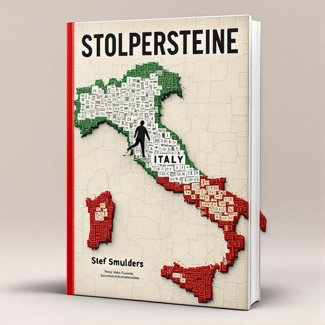 The cover features a map of Italy made up of scrabble stones of different heights, with each block displaying an Italian word. The map is colored green in the north, white in the middle, and red in the south. A person is depicted stumbling on top of the map, trying to walk from the north to the south.