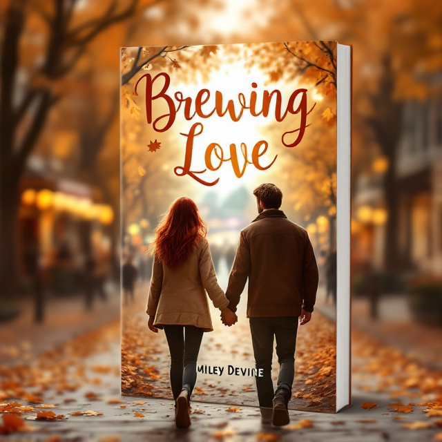 The cover features a cozy small town street scene during autumn. The background shows falling leaves in warm shades of orange and brown. In the foreground, a red-headed 22-year-old girl and a brunette 24-year-old guy are holding hands and walking together. A pumpkin carnival can be seen in the distance, adding a touch of whimsy and romance to the scene.