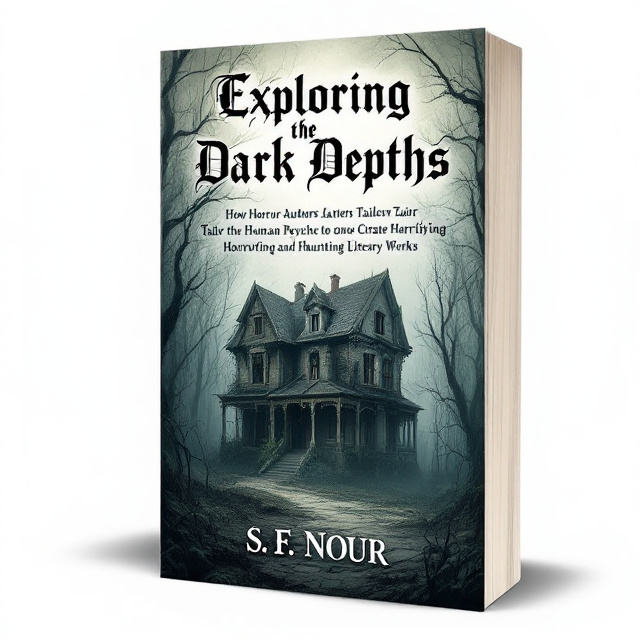 The cover design features a central, haunting painting of a dilapidated Victorian house surrounded by fog. The house appears eerie and abandoned, with broken windows and overgrown vines creeping up the walls. The title, "Exploring the Dark Depths," is centered above the painting, written in a bold, gothic font. Below the title, the author's name, S.F. Nour, is displayed in a smaller, elegant font. The overall style of the cover is dark and mysterious, evoking a sense of foreboding.