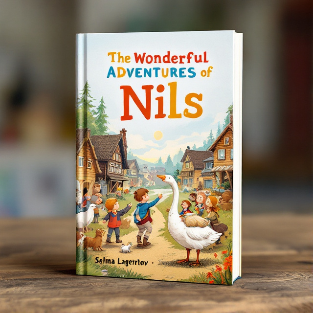 The cover features a quaint Scandinavian village with wooden houses and animals. In the foreground, Nils is seen riding the goose, surrounded by curious children and animals. The scene is vibrant and filled with joy and playfulness.
