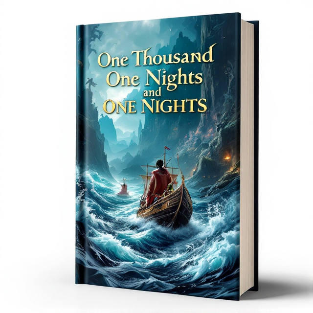 The cover features a stunning scene of Sinbad sailing across tumultuous seas. The ship is prominently displayed, with Sinbad at the helm, and towering waves crashing all around. In the background, mysterious islands can be seen, shrouded in mist. In the foreground, exotic creatures like giants and sea monsters add to the sense of adventure.
