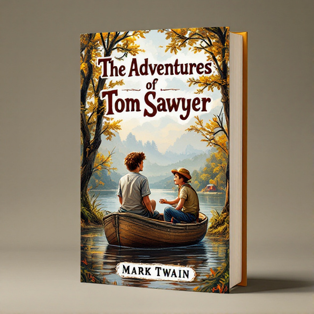 The cover showcases Tom Sawyer and Huckleberry Finn sitting on a boat by the riverbank, with trees and rural scenery in the background. The overall style is vibrant and lively, capturing the adventurous spirit of the story.