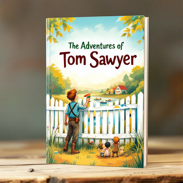 The cover features a vibrant illustration of Tom Sawyer painting a white fence with his friends watching and a serene rural backdrop of a sunny day. Small boats can be seen on the river in the distance, emphasizing the adventure and exploration aspect of the story. The overall style is whimsical and playful, capturing the carefree childhood theme of the book.