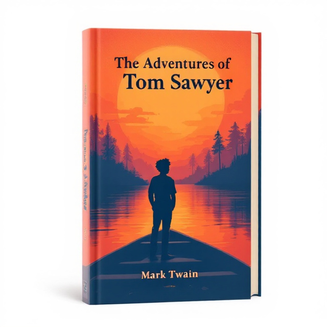 The cover features Tom's silhouette standing at the edge of a boat, looking out over a dreamy river scene with a stunning orange-red sunset. The silhouette of the boat is outlined in the background, adding depth to the design.