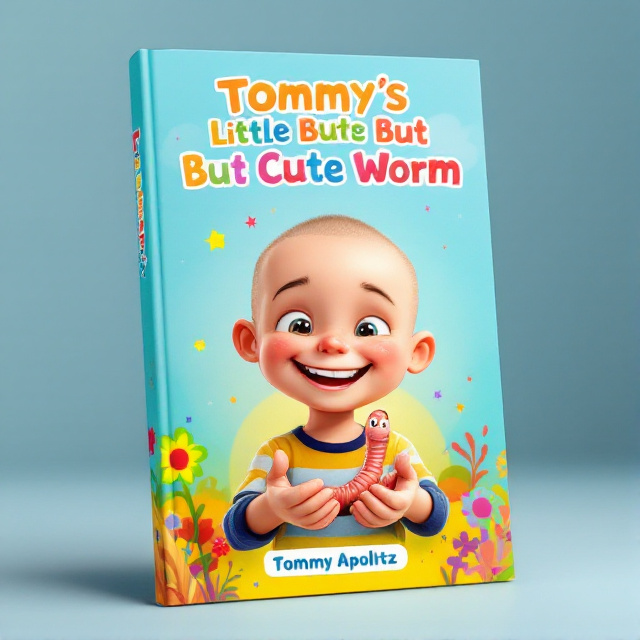 The cover features a joyful and satisfied Tommy, a shaved headed boy, holding a small but cute worm in his hand. The worm is depicted as happy and friendly, with a smile on its face. The background is colorful and vibrant, representing the childlike nature of the book.