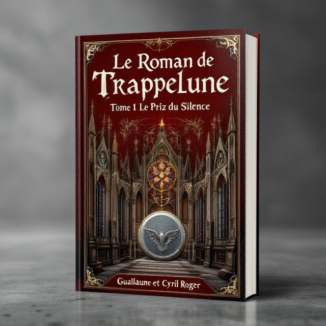 The cover features a maroon background with a medieval baroque cathedral placed centrally. The cathedral is intricately designed with stone carvings and stained glass windows. In the center of the cathedral, there is a grey eagle-shape stone, adding an element of mystery and power. The title of the book, "Le Roman de Trappelune Tome 1 - Le Prix du Silence," is written in bold, elegant typography at the top of the cover. At the bottom, the name of the author, Guillaume et Cyril Roger, is displayed in a smaller font.