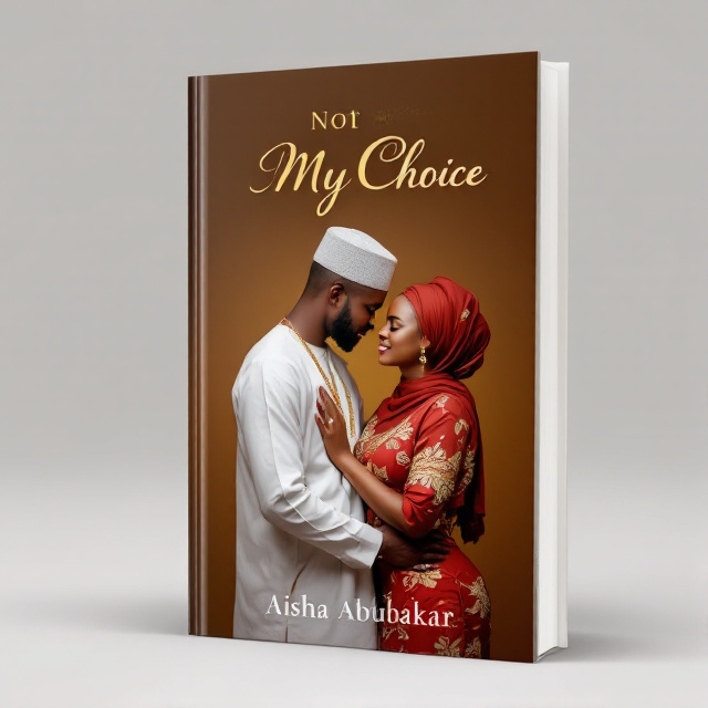 The cover features a stunning photograph of a Northern Nigerian Hausa couple, standing close together with an intimate gaze. The couple is dressed in traditional attire, reflecting the rich cultural heritage. The background is a warm brown color, evoking a sense of love and passion. The title of the book, "Not My Choice," is prominently displayed in bold, elegant typography at the top of the cover. The author's name, Aisha Abubakar, is placed at the bottom in a simple and clean font.