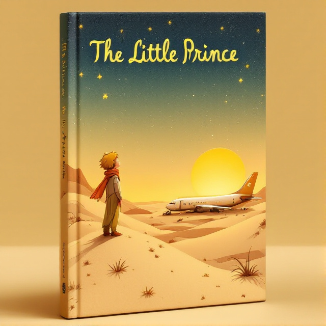 A warm beige desert landscape with a golden sunset in the background. The Little Prince stands in the foreground, wearing his signature scarf and looking up at the night sky filled with stars. A crashed airplane is partially visible in the distance, representing his journey to different planets.