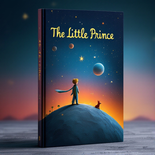 The Little Prince is depicted standing on his asteroid, wearing a wind-blown scarf. The night sky is filled with stars and planets, creating a sense of wonder and imagination. A fox is seen in the background, symbolizing the theme of love and connection. Baobab trees are scattered throughout the scene, representing the challenges and obstacles faced by the protagonist. The overall style is whimsical and nostalgic, with warm colors and soft lines.