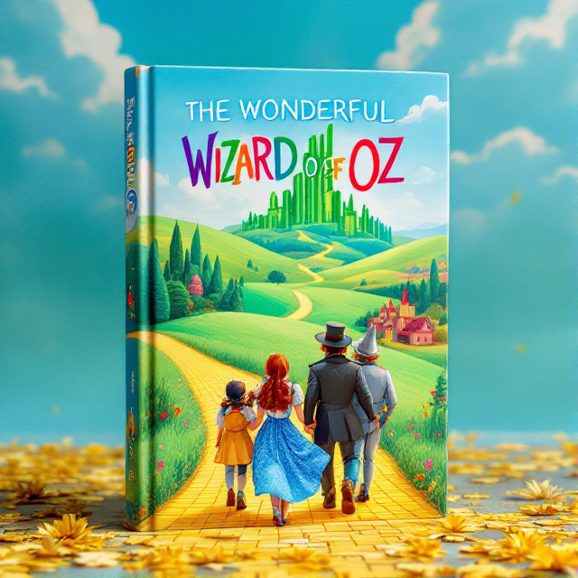 The cover features Dorothy and her friends walking along the Yellow Brick Road toward the Emerald City. The characters are illustrated in a whimsical and colorful style, with vibrant green fields and a bright blue sky as the backdrop.