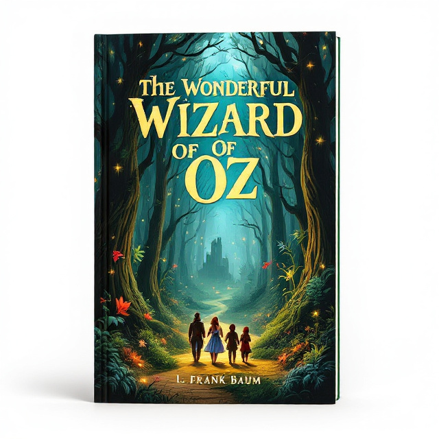The cover features a mystical forest scene with towering trees and peculiar plants. In the foreground, Dorothy and her friends are shown adventuring through the woods, capturing the sense of mystery and adventure. Twinkling lights are scattered throughout the forest, adding a touch of magic and wonder.