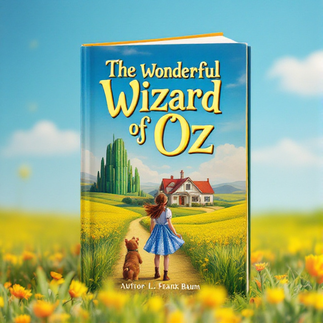 The cover features a beautiful illustration of Dorothy's home, surrounded by lush green farmland. Dorothy and her loyal dog Toto stand in front of the house, with her clothes fluttering in the wind, conveying a sense of adventure. The blue sky above completes the cozy rural atmosphere.
