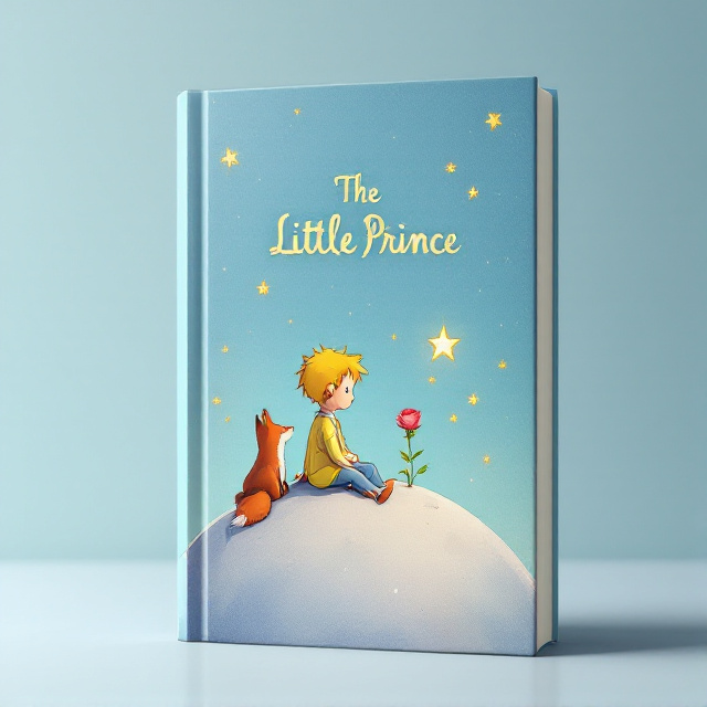 The Little Prince is sitting on the surface of his planet, surrounded by stars and his rose. A fox is sitting beside him. The background features a light blue starry sky, creating a dreamy atmosphere.