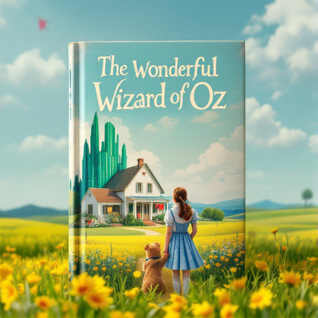 The cover features Dorothy and Toto standing in front of their quaint farmhouse, surrounded by a lush green field. The clothes on the clothesline flutter in the wind, adding movement and a sense of home. The sky above is a soft blue, creating a warm and inviting atmosphere.