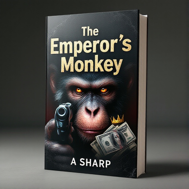 The cover features a close-up shot of a monkey's face, with intense eyes and a sinister expression. In the background, there is a shadowy figure holding a gun, partially hidden by stacks of money. At the top of the cover, a golden crown is placed, slightly askew.