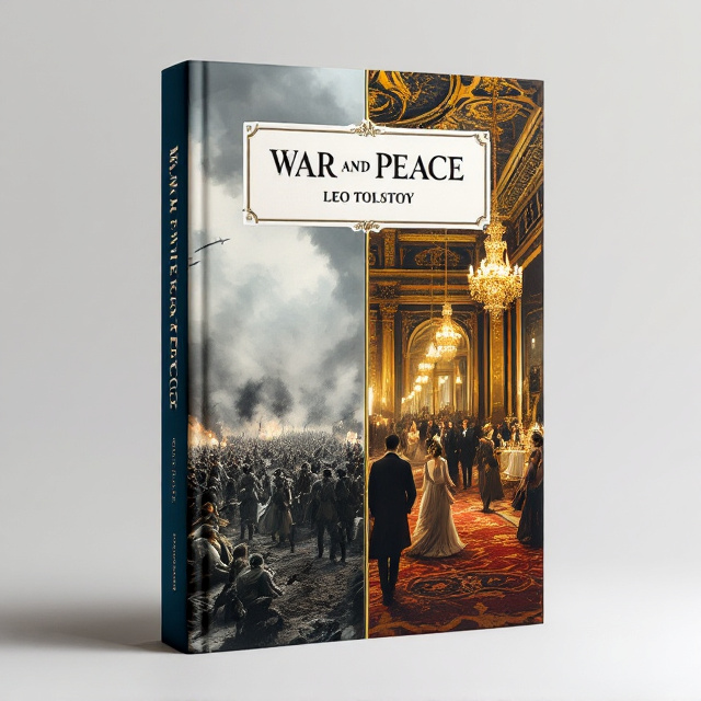 A split design showing a battlefield on one side and a grand aristocratic ballroom on the other, emphasizing the contrast between war and peace. The battlefield scene will depict soldiers in action, with smoke and chaos surrounding them. The ballroom scene will showcase elegance, with aristocratic figures in lavish attire and chandeliers hanging from the ceiling. The two scenes will be divided by a diagonal line, symbolizing the divide between war and peace.