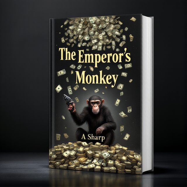 The book cover features a dark and mysterious background with a large stack of money falling from the top. A monkey is positioned in the center, holding a gun and wearing a mischievous expression. The elements are arranged in a way that draws attention to the monkey and the falling money.